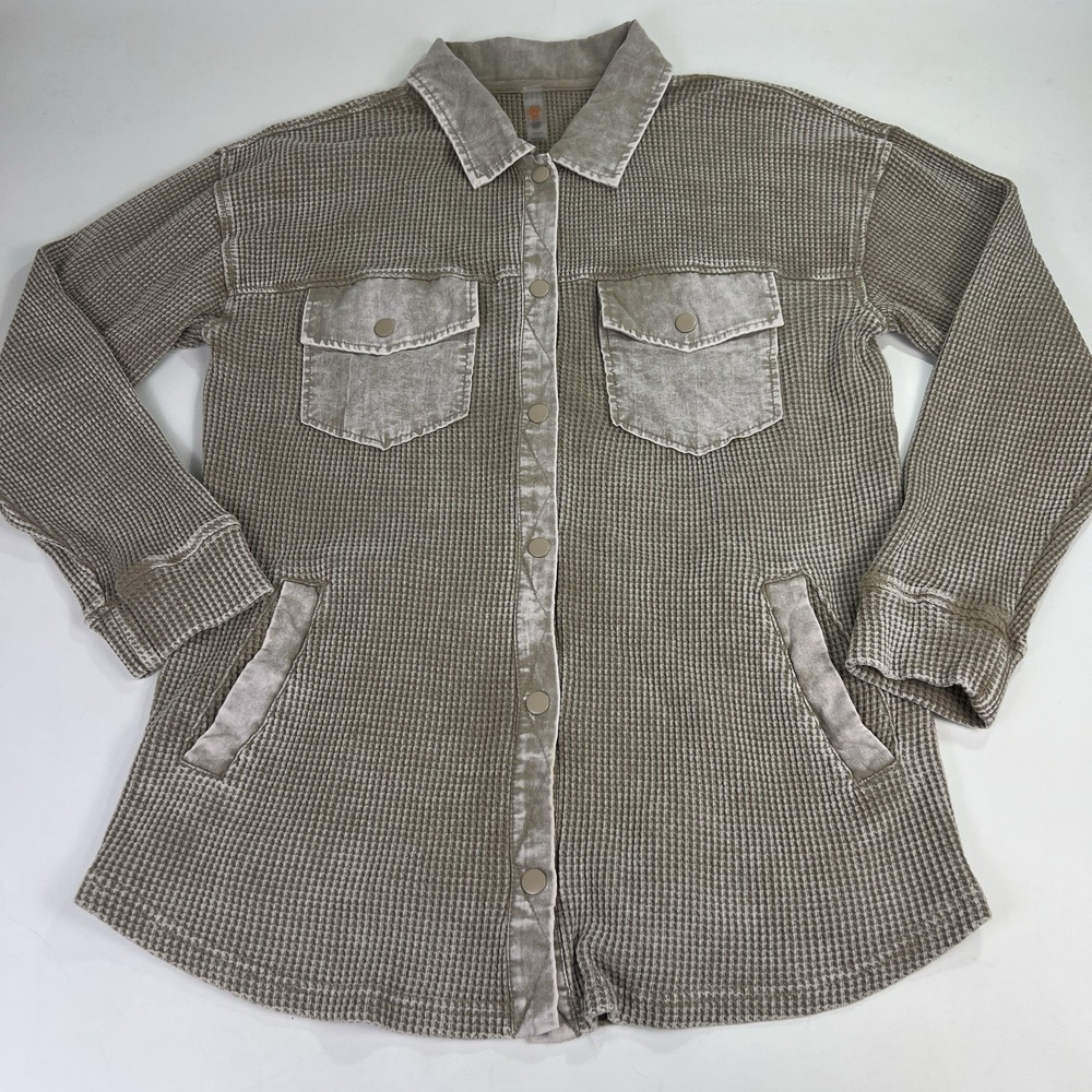 Mono B Shacket Sz M Khaki Tan Thermal Waffle Knit Acid Wash Trim Snap Gorpcore